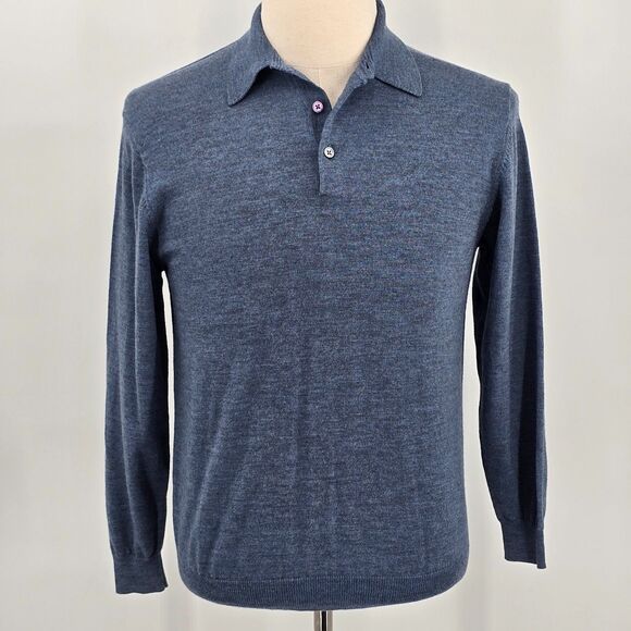 Pronto Uomo 100% Extra Fine Merino Wool Sweater Men's M Light Blue Collared - Picture 1 of 6